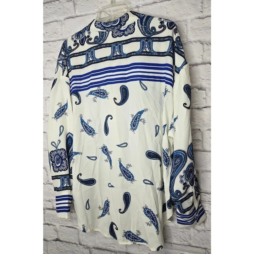 Express Portofino Shirt Womens Large Blue Paisley Striped Oversized Career Satin - Picture 5 of 8